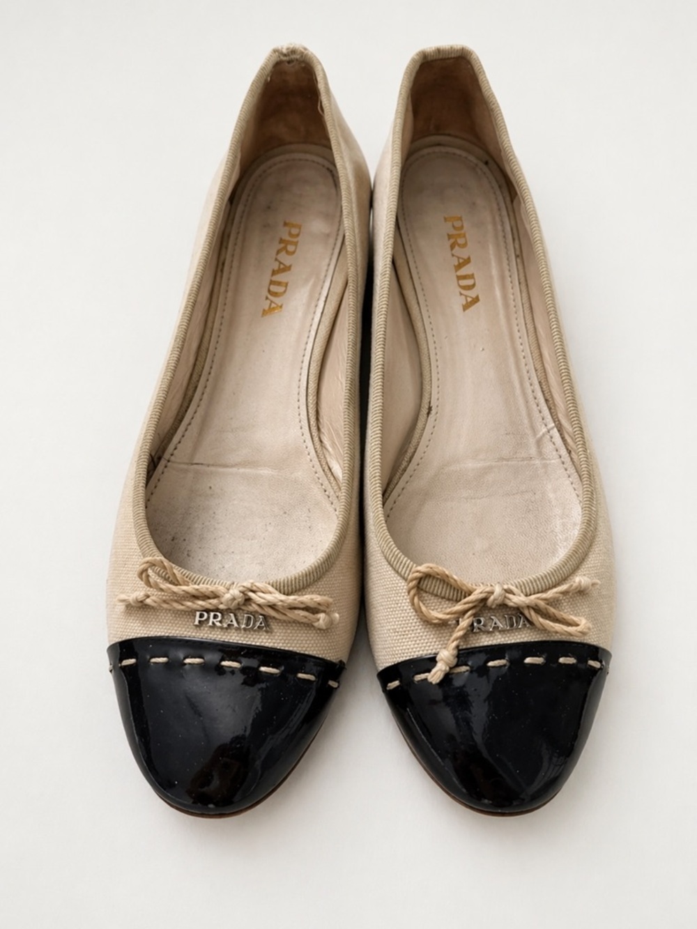 Prada Canvas Cap Toe Ballet Flats Beige Black Women Sz 7
